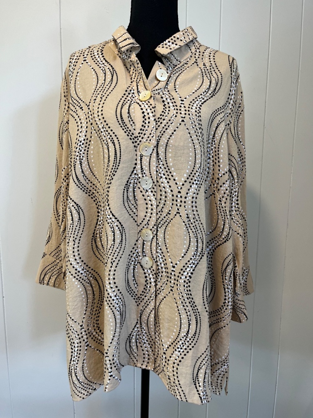 Ali Miles sz 1X Khaki Abstract Wavy Button Down Top Tunic Shacket Jacket Artsy